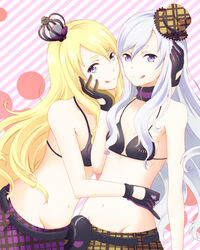  2girls :q bad_id bad_pixiv_id belt bikini bikini_top_only blonde_hair choker crown exela_(summon_night) gloves groin hand_on_another&#039;s_face hat ishima long_hair looking_at_viewer mini_crown mini_hat multiple_girls photoshop_(medium) purple_eyes siblings silver_hair skirt summon_night summon_night_5 swimsuit tongue tongue_out twins veloce_(summon_night) 