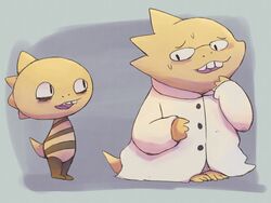  alphys blush boke-chan female glasses labcoat monster monster_kid_(undertale) no_arms no_humans simple_background striped sweat undertale 