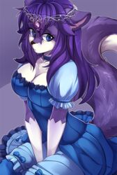  alternative_fashion anthro black_nose blue_eyes breasts canid canine canis cleavage clothed clothing digital_media_(artwork) female fluffy fluffy_tail fur hair hi_res hime_lolita iwbitu j-fashion lolita_(fashion) lucia_(grey_wolf_570) mammal purple_body purple_fur purple_hair shaded simple_background solo tail white_body white_fur wolf 