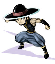  1boy baggy_pants black_hair boots brown_eyes chibi chin_strap chinese_clothes commentary english_commentary fighting_stance hat koi_drake kung_lao male_focus mortal_kombat_(series) muscular pants photoshop_(medium) solo vambraces 