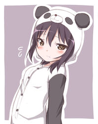  animal_costume black_hair blush brown_eyes buttons commentary_request female flying_sweatdrops funami_yui kou89 looking_at_viewer pajamas panda_costume solo yuru_yuri 