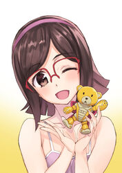  ;d bare_shoulders beargguy_iii blush brown_eyes brown_hair camisole female glasses gundam gundam_build_fighters gunpla hairband highres kousaka_china matsuryuu model_kit one_eye_closed open_mouth over-rim_eyewear red-framed_eyewear semi-rimless_eyewear short_hair smile solo 