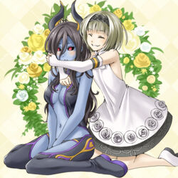  2girls ^_^ bare_shoulders black_flower black_footwear black_hair black_hairband black_rose black_sclera blue_skin blush boots bow breasts cleavage closed_eyes colored_sclera colored_skin commentary_request cyda_afrarn demon_girl demon_horns dress elbow_gloves fingerless_gloves flootier flower full_body gloves grin hair_between_eyes hairband horns hug hug_from_behind kneeling large_breasts long_hair multiple_girls navel red_eyes rose sakurage short_hair sitting smile summon_night summon_night_5 thigh_boots thighhighs wariza white_bow white_dress white_flower white_footwear white_gloves white_rose yellow_flower yellow_rose 