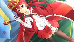  blush cape crown female fur joukamachi_no_dandelion necktie red_eyes red_hair sakurada_akane scepter skirt smile thighhighs twintails 