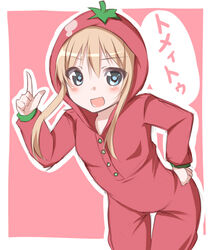  :d blonde_hair blue_eyes buttons commentary_request female hand_on_own_hip index_finger_raised kou89 leaning_forward looking_at_viewer open_mouth pajamas red_background smile solo tomato_costume toshinou_kyouko yuru_yuri 