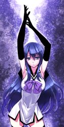  armpits arms_up black_gloves black_thighhighs blue_eyes blue_hair breasts contrapposto covered_navel cowboy_shot elbow_gloves female gloves gokukoku_no_brynhildr highres kuroha_neko large_breasts long_hair looking_at_viewer matsuryuu parted_lips ribbon sleeveless solo standing thighhighs triangle_mouth wide_hips zettai_ryouiki 