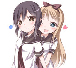  2girls black_hair blonde_hair blue_eyes blush bow brown_eyes commentary_request dress funami_yui hairbow heart kou89 multiple_girls nanamori_school_uniform one_eye_closed open_mouth sailor_dress school_uniform serafuku short_hair smile toshinou_kyouko yuru_yuri 