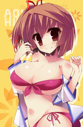  akikaze_tsumuji bad_anatomy bikini breasts brown_hair cleavage commentary_request da_capo da_capo_iii female hinomoto_aoi large_breasts red_bikini red_eyes school_uniform short_hair smile solo swimsuit undressing 