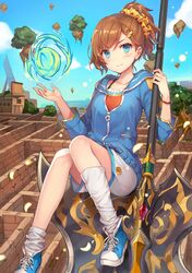  ayazato_suzuka blue_eyes brown_hair collarbone female hair_ornament hair_scrunchie hairclip halberd high_ponytail holding holding_weapon looking_at_viewer loose_socks momoko_(momopoco) mondaiji-tachi_ga_isekai_kara_kuru_sou_desu_yo? novel_illustration official_art polearm scrunchie short_hair shorts smile socks solo weapon white_shorts white_socks zipper 