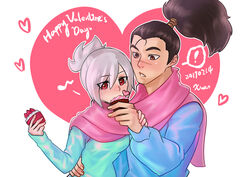  1boy blush couple cupcake female heart highres league_of_legends long_sleeves matching_outfit ponytail red_eyes riven_(league_of_legends) scar scarf sweater valentine white_hair yasuo_(league_of_legends) 