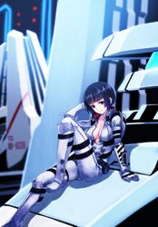  ass_visible_through_thighs black_hair boots breasts cleavage female gloves highres hoshijiro_shizuka knee_boots matsuryuu mecha medium_breasts morito_(sidonia_no_kishi) on_mecha open_clothes pilot_suit robot science_fiction short_hair sidonia_no_kishi sitting_on_mecha solo spacesuit white_footwear 