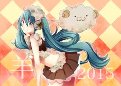  2015 aqua_eyes aqua_hair checkered_background commentary_request female hatsune_miku highres horns leaning_forward long_hair looking_at_viewer masumofu new_year sheep sheep_girl skirt solo twintails very_long_hair vocaloid 