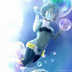  aqua_skin bad_id bad_twitter_id blue_gloves blue_hair boku_no_hero_academia breasts bubble bubble_girl_(boku_no_hero_academia) diving_mask female gloves goggles komugiko_no_mori looking_at_viewer open_fly short_hair shorts small_breasts smile solo superhero_costume 