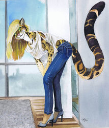  2010 :3 anthro bent_legs bent_over biped black_body black_fur black_tail blonde_hair blue_bottomwear blue_clothing blue_jeans blue_pants bottomwear brown_body brown_fur brown_tail clothed clothing clouded_leopard countershade_arms countershade_face countershade_tail countershade_torso countershading dated denim denim_bottomwear denim_clothing doorway extended_arms feet_together felid female floor footwear full-length_portrait fur furgonomic_bottomwear furgonomics green_eyes grey_rug hair hand_on_leg hand_on_own_leg hand_on_own_thigh hand_on_thigh hands_on_leg hands_on_own_leg hands_together high_heels holding_leg inner_ear_fluff inside jeans knees_together leaning_on_self legs_together leopard_spots light_whiskers long_legs long_tail looking_at_viewer mammal markings multicolored_body multicolored_fur multicolored_tail oversized_clothing painting_(artwork) pantherine pants pink_nose portrait roz_gibson rug shirt shoes side_view signature smile solo spots spotted_body spotted_fur spotted_markings spotted_tail standing tail tail_button_bottoms tail_clothing tail_markings tan_body tan_countershading tan_fur tan_tail topwear traditional_media_(artwork) tuft watercolor_(artwork) whiskers white_body white_clothing white_countershading white_topwear white_whiskers window wood wood_floor year 