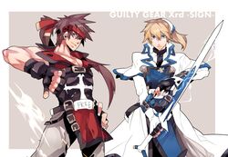  2boys blonde_hair blue_eyes brown_hair capelet commentary_request copyright_name electricity fingerless_gloves forehead_protector gloves guilty_gear guilty_gear_xrd hair_ribbon headband junkyard_dog_mk_iii ky_kiske long_hair magnolia_eclair_ii mameshibasuke multiple_boys over_shoulder ponytail ribbon short_ponytail sol_badguy sword thumbs_down weapon 