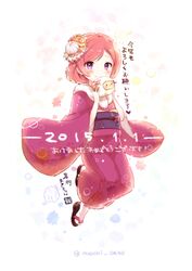  akeome bad_id bad_twitter_id blush commentary_request dated female full_body fur hair_ornament happy_new_year japanese_clothes kimono looking_at_viewer love_live! love_live!_school_idol_project new_year nishikino_maki obi purple_eyes red_hair sakuramochi_n sandals sash short_hair smile socks solo stuffed_animal stuffed_sheep stuffed_toy tabi twitter_username white_background white_socks zouri 