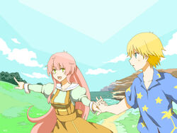  1boy blonde_hair blue_eyes commentary_request day dress female green_eyes hawaiian_shirt holding_hands interlocked_fingers jinrui_wa_suitai_shimashita joshu-san long_hair open_mouth path pink_hair pointing profile road sakurage shirt short_hair sky very_long_hair watashi_(jintai) 