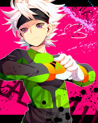  1boy akibotann bad_id bad_pixiv_id earth_eleven gloves goalkeeper headband ibuki_munemasa inazuma_eleven_(series) inazuma_eleven_go inazuma_eleven_go_galaxy male_focus purple_eyes soccer_uniform solo sportswear white_hair 