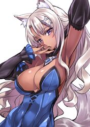  animal_ears arm_up armpits blush breasts cleavage dark-skinned_female dark_skin detached_sleeves female fox_ears fox_tail grey_hair highres large_breasts long_hair looking_at_viewer matsuryuu purple_eyes sakura_spirit sakurano_machiko solo source_request tail 