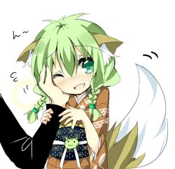  braid green_eyes green_hair kemonomimi kitsunemimi saitou_kon shingetsu_takehito solo tail twin_braids wafuku wink 