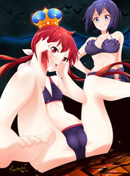  2girls bare_shoulders barefoot bat bikini blush breasts crown hikari0910 joukamachi_no_dandelion long_hair multiple_girls navel open_mouth purple_eyes purple_hair red_eyes red_hair ribbon sakurada_akane sakurada_kanade short_hair sisters skirt smile swimsuit twintails wings 