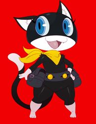  belt blue_eyes cat_ears cat_tail eric_lowery fangs feline female furry looking_at_viewer morgana_(persona_5) no_humans persona persona_5 red_background scarf solo tail thick_thighs utility_belt 