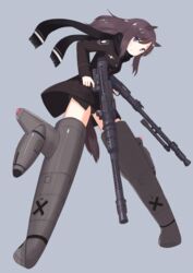  :o absurdres animal_ears bad_id bad_pixiv_id black_jacket black_panties black_scarf blue_background brown_hair dog_ears dog_girl dog_tail dual_wielding female finger_on_trigger full_body gun helmina_lent highres holding holding_gun holding_weapon jacket leaning_forward long_hair long_sleeves machine_gun mg34 mg_131 military military_uniform no_pants panties pocket purple_eyes roundel scarf seedflare simple_background solo striker_unit tail underwear uniform weapon world_witches_series 