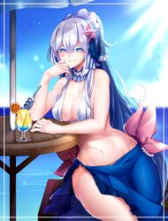  bad_id bad_pixiv_id beads blue_eyes blue_hair blue_sky breasts cleavage cup day drink drinking_straw elbows_on_table female food fruit glass gradient_hair grey_hair hair_beads hair_between_eyes hair_ornament hairband jewelry long_hair looking_at_viewer medium_breasts multicolored_hair navel necklace orange_(fruit) orange_slice outdoors personification pokemon primarina shikkoku_neko sitting sky smile solo star_(symbol) star_hair_ornament sunlight table umbrella very_long_hair water 