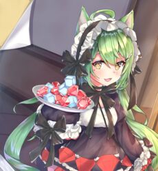  :3 :d ahoge akashi_(azur_lane) akashi_(the_black_cat_cometh!)_(azur_lane) animal_ears azur_lane black_bow black_dress black_hairband blush bow breasts brown_eyes cat_ears commentary_request cube dress female frilled_hairband frilled_sleeves frills gem gem_(azur_lane) gothic_lolita green_hair hair_between_eyes hairband highres holding holding_plate indoors juliet_sleeves lolita_fashion long_hair long_sleeves looking_at_viewer mishuo_(misuo69421) mole mole_under_eye official_alternate_costume open_mouth plate puffy_sleeves red_gemstone sleeves_past_fingers sleeves_past_wrists small_breasts smile solo standing very_long_hair wisdom_cube_(azur_lane) 