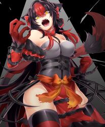  bad_id bad_pixiv_id bare_shoulders black_background black_hair black_thighhighs bow breasts broken broken_chain broken_handcuffs chains cleavage clenched_hand fangs female gloves hairbow highres incineroar large_breasts long_hair looking_at_viewer multicolored_hair orange_bow personification pokemon red_bow red_gloves red_hair red_thighhighs roaring shikkoku_neko solo standing thighhighs two-tone_hair very_long_hair yellow_eyes 