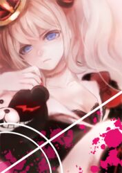  blood blood_splatter blue_eyes breasts chiko_(d04099) choker cleavage commentary_request crown danganronpa:_trigger_happy_havoc danganronpa_(series) enoshima_junko female long_hair medium_breasts monokuma nail_polish pink_blood pink_hair solo spoilers twintails 