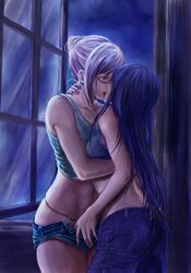  2girls black_hair commentary_request cowboy_shot denim denim_shorts glasses gumbat hair_bun highres jeans kissing kurihara_mari_(prison_school) long_hair midriff multiple_girls navel night pants prison_school shiraki_meiko shorts single_hair_bun tank_top undressing white_hair window yuri 