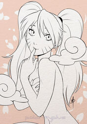  artist_name breasts covering covering_breasts daniel_macgregor female finger_to_mouth monochrome naruko naruto nude rule_63 smoke solo twintails upper_body uzumaki_naruto watermark whiskers 