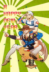  2boys blonde_hair brown_hair commentary_request gyro_zeppeli happy_new_year hat johnny_joestar jojo_no_kimyou_na_bouken kiddie_ride multiple_boys new_year p-geist2 pony_(animal) spring_rider steel_ball_run 