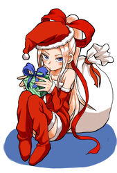  bare_shoulders blonde_hair blue_eyes boots christmas collarbone commentary_request detached_sleeves female frown fudatsuki_kyouko fudatsuki_no_kyouko-chan full_body fur_trim gift hair_ribbon hat high_ponytail holding holding_gift long_hair looking_at_viewer pom_pom_(clothes) ponytail red_footwear red_ribbon ribbon sack sanpaku santa_costume santa_hat simple_background sitting sleeves_past_wrists solo thigh_boots thighhighs very_long_hair white_background yamamoto_souichirou 