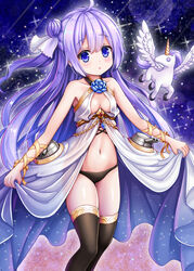  :o absurdres ahoge alicorn animal azur_lane bare_shoulders black_panties black_thighhighs blue_flower blue_rose bluebird_(bluebird90) blush breasts cannon collarbone commentary_request cosplay crystal dress female flower flying hair_between_eyes hair_bun hair_ribbon head_tilt highres long_hair looking_at_viewer navel one_side_up oversized_clothes panties parted_lips purple_eyes purple_hair ribbon rose showgirl_skirt single_side_bun skirt_hold sleeveless sleeveless_dress small_breasts solo sparkle thighhighs turret underwear unicorn_(azur_lane) very_long_hair victorious_(azur_lane) victorious_(azur_lane)_(cosplay) white_dress white_ribbon 