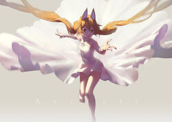  animal_ears bare_legs bare_shoulders barefoot brown_eyes brown_hair chelonia collarbone commentary_request dress female flat_chest fox_ears fox_girl grey_background hair_between_eyes hands_up highres leg_up long_hair looking_at_viewer low_twintails original outstretched_arm parted_lips photoshop_(medium) reaching reaching_towards_viewer signature simple_background smile solo standing standing_on_one_leg strapless strapless_dress teeth twintails very_long_hair white_dress 