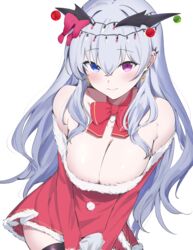  absurdres bare_shoulders blue_eyes blush bow bowtie breasts christmas cleavage closed_mouth commentary_request female grey_hair heterochromia highres large_breasts long_hair long_sleeves looking_at_viewer mattyazuki neo-porte purple_eyes red_bow red_bowtie santa_costume smile solo tentei_forte thighs virtual_youtuber 