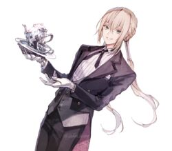  1boy bad_id bad_pixiv_id bedivere_(fate) bedivere_(silver_butler)_(fate) bishounen black_jacket black_pants blonde_hair butler collared_shirt commentary cowboy_shot cross_tie cup dutch_angle fate/grand_order fate_(series) gloves green_eyes hair_between_eyes hair_tubes highres holding holding_tray jacket koshika_rina long_hair looking_at_viewer low_twintails male_focus official_alternate_costume open_mouth pants pocket_square shirt simple_background smile solo teacup teapot tray twintails white_background white_gloves white_shirt 