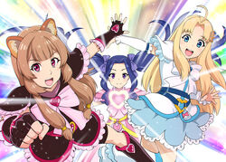  3girls :d ahoge animal_ears bike_shorts black_capelet black_gloves black_shorts black_skirt blonde_hair blue_bow blue_eyes blue_hair blue_skirt bow bowtie brooch brown_hair capelet closed_mouth cosplay cure_black cure_black_(cosplay) cure_white cure_white_(cosplay) detached_sleeves filo_(tate_no_yuusha_no_nariagari) fingerless_gloves floating_hair frilled_capelet frilled_gloves frilled_skirt frilled_sleeves frills futari_wa_precure futari_wa_precure_max_heart gloves hair_intakes hairbow heart heart_brooch highres jewelry long_hair long_sleeves looking_at_viewer melty_q_melromarc miniskirt multiple_girls open_mouth pink_bow pink_bowtie pink_capelet pink_skirt precure purple_eyes raccoon_ears raccoon_girl raphtalia red_eyes shiny_luminous shiny_luminous_(cosplay) short_shorts shorts shorts_under_skirt sidelocks skirt smile tate_no_yuusha_no_nariagari twintails ueyama_michirou very_long_hair white_bow white_bowtie white_sleeves 