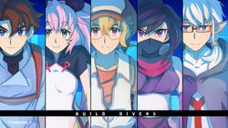  2girls 3boys animal_ears ayame_(gundam_build_divers) black_hair blue_eyes brown_eyes brown_hair china_dress chinese_clothes commentary_request dress glasses green_eyes gundam gundam_build_divers gundam_build_divers_re:rise hat hidaka_yukio ko-1_(gundam_build_divers) mask mikami_riku momo_(gundam_build_divers) momoza_r multiple_boys multiple_girls ninja panda_ears pink_hair pointy_ears purple_eyes smile twitter_username white_hair 