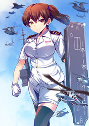  absurdres aircraft airplane black_thighhighs breasts brown_eyes brown_hair commentary_request f-35_lightning_ii female flight_deck helicopter highres japan_maritime_self-defense_force japan_self-defense_force js_kaga_(kancolle) kaga_(kancolle) kantai_collection large_breasts military mitsubishi_f-2 phalanx_ciws sh-60_seahawk side_ponytail silly_(marinkomoe) thighhighs tiltrotor torpedo v-22_osprey 