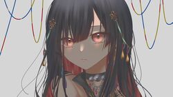  arm_tattoo black_hair collarbone colored_inner_hair english_commentary expressionless female grey_background henna highres long_hair looking_at_viewer multicolored_hair nijisanji nijisanji_in noor_(nijisanji) portrait red_eyes red_hair shio_(plkqd) solo tattoo virtual_youtuber 