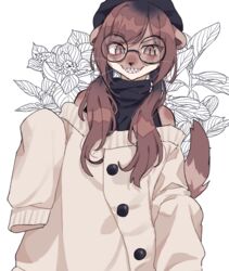  anthro blush brown_body brown_fur brown_hair clothed clothing eyewear female flower fur glasses hair headgear headwear hi_res jacket karina_(zuekrz) looking_at_viewer mammal mustelid musteline plant simple_background smile solo teeth topwear true_musteline weasel white_background zuekrz 