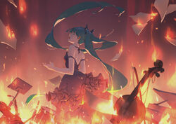  absurdres alternate_costume arm_strap bare_shoulders bassoon black_bow black_dress black_flower black_rose blue_hair bow bow_(music) breasts burning cello closed_eyes commentary dress drum drum_set feet_out_of_frame female fire flower from_side hairbow hatsune_miku highres instrument kasou_kyoku_(vocaloid) long_hair music_stand open_mouth paper photoshop_(medium) piano profile rose saxophone sleeveless sleeveless_dress small_breasts solo standing toorara twintails very_long_hair vocaloid 