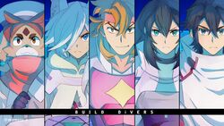  4boys animal_ears black_eyes black_hair blue_eyes blue_hair brown_eyes brown_hair commentary_request female freddie_(gundam_build_divers_re:rise) green_eyes gundam gundam_build_divers gundam_build_divers_re:rise hair_over_one_eye hat headband kuga_hiroto may_(gundam_build_divers_re:rise) momoza_r multiple_boys parviz_(gundam_build_divers_re:rise) poncho smile torimachi_kazami twitter_username 