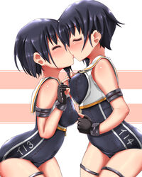  2girls asymmetrical_hair black_hair black_one-piece_swimsuit blush breast_cutout breasts brown_neckerchief closed_eyes covered_nipples cowboy_shot framed_breasts gloves hair_between_eyes highres i-13_(kancolle) i-14_(kancolle) kantai_collection kissing medium_breasts multiple_girls neckerchief nipple_stimulation nipple_tweak one-piece_swimsuit partially_fingerless_gloves sailor_collar school_swimsuit short_hair swimsuit swimsuit_under_clothes unomi white_background yuri 