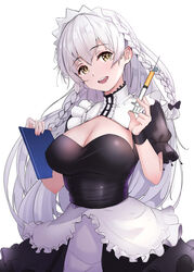  amco apron azur_lane black_dress blush book braid breasts center_frills cleavage commentary cowboy_shot dress female frilled_apron frills hands_up hermione_(azur_lane) highres holding large_breasts long_hair looking_at_viewer maid maid_headdress open_mouth puffy_short_sleeves puffy_sleeves short_sleeves simple_background smile solo syringe twin_braids waist_apron white_apron white_background white_hair wristband 