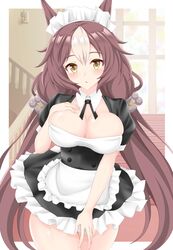  alternate_costume animal_ears black_dress border breasts brown_hair cleavage commentary_request cowboy_shot detached_collar dress enmaided female frilled_dress frills gurukorian hair_between_eyes highres horse_ears horse_girl large_breasts long_hair looking_at_viewer maid maid_headdress multicolored_hair puffy_short_sleeves puffy_sleeves short_sleeves solo stairs streaked_hair twintails umamusume very_long_hair white_border white_hair yamanin_zephyr_(umamusume) yellow_eyes 