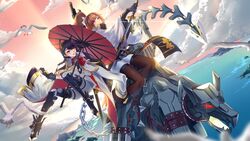  animal animal_ears bird long_hair shan-n sky sunset tagme_(character) umbrella weapon yellow_eyes 